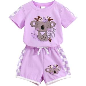 imageYOUNGER TREE Toddler Infant Baby Girls Summer Outfits Leopard Print Short Sleeve Pocket TShirt Tops Pants Clothes SetsPurple Koala