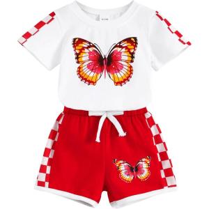 imageYOUNGER TREE Toddler Infant Baby Girls Summer Outfits Leopard Print Short Sleeve Pocket TShirt Tops Pants Clothes SetsRed Butterfly