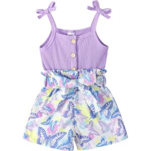 imageYOUNGER TREE Toddler Kids Baby Girls Clothes Rompers Flutter Sleeve Button Shorts with Belt Summer Casual JumpsuitPurple