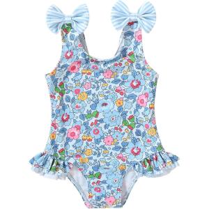 imageYOUNGER TREE Toddler Swimsuit Girl Color Block Stripe OnePiece Swimwear Baby Girl Bathing SuitsBlue Floral