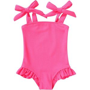 imageYOUNGER TREE Toddler Swimsuit Girl Color Block Stripe OnePiece Swimwear Baby Girl Bathing SuitsBright Pink Wrinkle Fabric