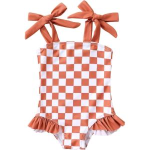 imageYOUNGER TREE Toddler Swimsuit Girl Color Block Stripe OnePiece Swimwear Baby Girl Bathing SuitsBrown Checkerboard