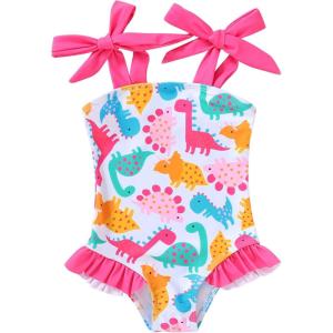 imageYOUNGER TREE Toddler Swimsuit Girl Color Block Stripe OnePiece Swimwear Baby Girl Bathing SuitsDinosaur