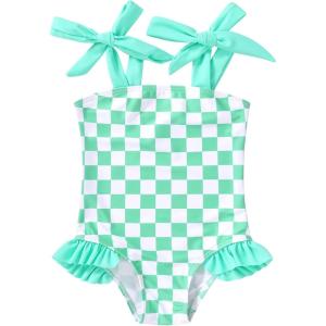 imageYOUNGER TREE Toddler Swimsuit Girl Color Block Stripe OnePiece Swimwear Baby Girl Bathing SuitsGreen Checkerboard