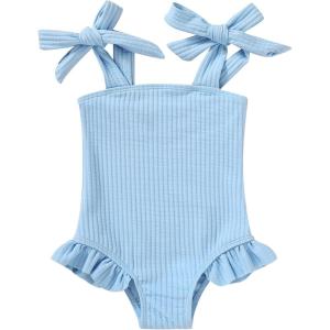 imageYOUNGER TREE Toddler Swimsuit Girl Color Block Stripe OnePiece Swimwear Baby Girl Bathing SuitsLight Blue Wrinkle Fabric