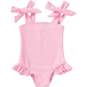 imageYOUNGER TREE Toddler Swimsuit Girl Color Block Stripe OnePiece Swimwear Baby Girl Bathing SuitsLight Pink Wrinkle Fabric