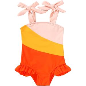 imageYOUNGER TREE Toddler Swimsuit Girl Color Block Stripe OnePiece Swimwear Baby Girl Bathing SuitsOrange