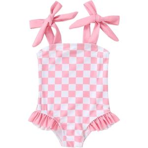imageYOUNGER TREE Toddler Swimsuit Girl Color Block Stripe OnePiece Swimwear Baby Girl Bathing SuitsPink Checkerboard