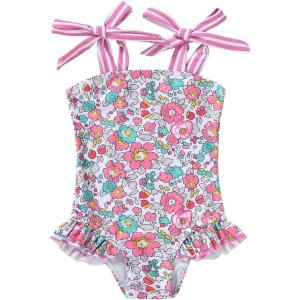 imageYOUNGER TREE Toddler Swimsuit Girl Color Block Stripe OnePiece Swimwear Baby Girl Bathing SuitsPink Floral