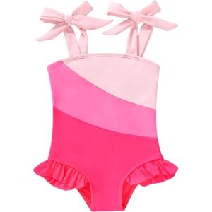 imageYOUNGER TREE Toddler Swimsuit Girl Color Block Stripe OnePiece Swimwear Baby Girl Bathing SuitsPinkred