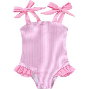 imageYOUNGER TREE Toddler Swimsuit Girl Color Block Stripe OnePiece Swimwear Baby Girl Bathing SuitsPinkstripe