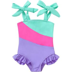imageYOUNGER TREE Toddler Swimsuit Girl Color Block Stripe OnePiece Swimwear Baby Girl Bathing SuitsPurple