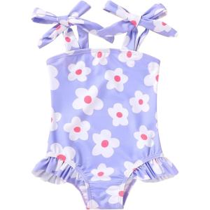 imageYOUNGER TREE Toddler Swimsuit Girl Color Block Stripe OnePiece Swimwear Baby Girl Bathing SuitsPurplecatroon Little Flowers
