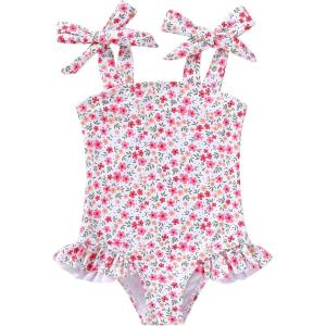 imageYOUNGER TREE Toddler Swimsuit Girl Color Block Stripe OnePiece Swimwear Baby Girl Bathing SuitsRose Redfloral