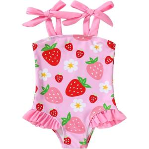 imageYOUNGER TREE Toddler Swimsuit Girl Color Block Stripe OnePiece Swimwear Baby Girl Bathing SuitsStrawberryflowers