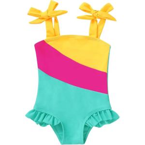 imageYOUNGER TREE Toddler Swimsuit Girl Color Block Stripe OnePiece Swimwear Baby Girl Bathing SuitsYellowgreen