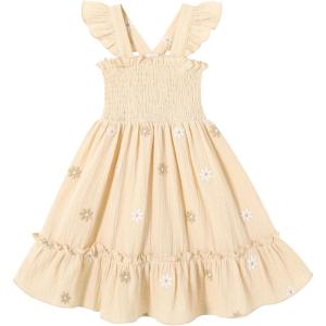 imageToddler Baby Girls Dress Floral Embroidered Boho Sleeveless Beach Butterfly SundressKhaki and Flowers
