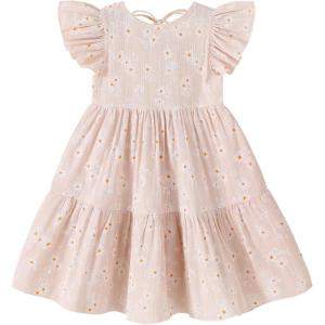 imageYOUNGER TREE Toddler Baby Girl Boho Dress Linen Ruffle Sleeveless Casual Dress Kids Solid Floral Summer Beach SundressApricot Daisies