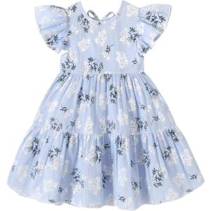 imageYOUNGER TREE Toddler Baby Girl Boho Dress Linen Ruffle Sleeveless Casual Dress Kids Solid Floral Summer Beach SundressBlue