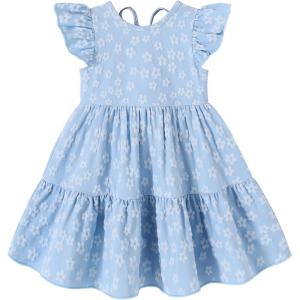 imageYOUNGER TREE Toddler Baby Girl Boho Dress Linen Ruffle Sleeveless Casual Dress Kids Solid Floral Summer Beach SundressBlue Floral