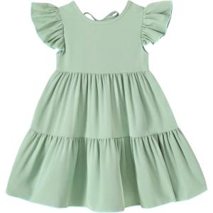 imageYOUNGER TREE Toddler Baby Girl Boho Dress Linen Ruffle Sleeveless Casual Dress Kids Solid Floral Summer Beach SundressGreen
