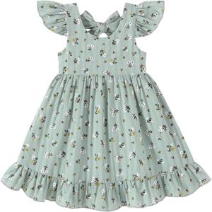 imageYOUNGER TREE Toddler Baby Girl Boho Dress Linen Ruffle Sleeveless Casual Dress Kids Solid Floral Summer Beach SundressGreen Floral