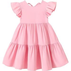 imageYOUNGER TREE Toddler Baby Girl Boho Dress Linen Ruffle Sleeveless Casual Dress Kids Solid Floral Summer Beach SundressPink