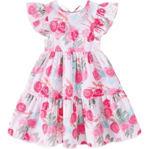 imageYOUNGER TREE Toddler Baby Girl Boho Dress Linen Ruffle Sleeveless Casual Dress Kids Solid Floral Summer Beach SundressPink Floral