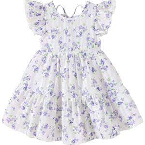 imageYOUNGER TREE Toddler Baby Girl Boho Dress Linen Ruffle Sleeveless Casual Dress Kids Solid Floral Summer Beach SundressPurple Floral