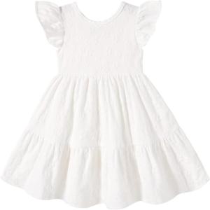 imageYOUNGER TREE Toddler Baby Girl Boho Dress Linen Ruffle Sleeveless Casual Dress Kids Solid Floral Summer Beach SundressSolid White
