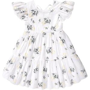 imageYOUNGER TREE Toddler Baby Girl Boho Dress Linen Ruffle Sleeveless Casual Dress Kids Solid Floral Summer Beach SundressWhite Floral