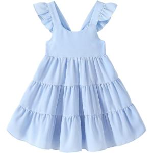 imageYOUNGER TREE Toddler Baby Girls Dress Summer Ruffle Sleeve Halter Casual Kids Beach SundressBlue