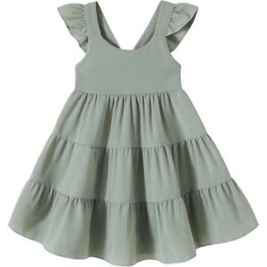 imageYOUNGER TREE Toddler Baby Girls Dress Summer Ruffle Sleeve Halter Casual Kids Beach SundressGreen