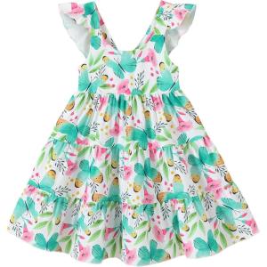 imageYOUNGER TREE Toddler Baby Girls Dress Summer Ruffle Sleeve Halter Casual Kids Beach SundressGreen Butterfly