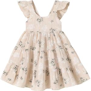 imageYOUNGER TREE Toddler Baby Girls Dress Summer Ruffle Sleeve Halter Casual Kids Beach SundressKhaki Flower