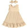 imageYOUNGER TREE Toddler Girl Summer Sundress Sleeveless Casual Dress Ruffle Hem Cotton Solid Outfits with BowknotKhaki