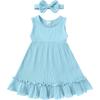 imageYOUNGER TREE Toddler Girl Summer Sundress Sleeveless Casual Dress Ruffle Hem Cotton Solid Outfits with BowknotLight Blue
