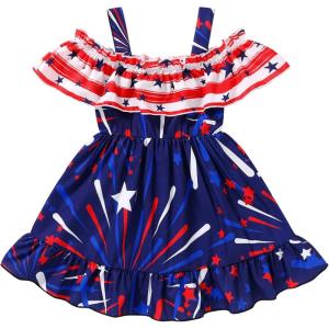 imageYOUNGER TREE 4th of July Toddler Baby Girl Dress Independence Day Outfit Kids American Flag Stars ClothesBluered2