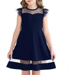 imageYOUNGER TREE Girls Dress Summer Sleeveless Round Neck Mesh A Line Casual Dresses with Pockets 613 YearsDeep Blue