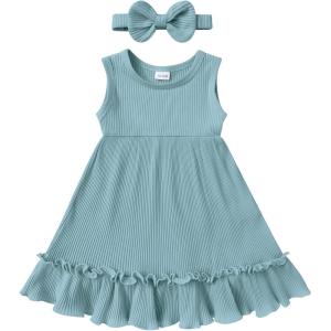 imageYOUNGER TREE Toddler Girl Summer Sundress Sleeveless Casual Dress Ruffle Hem Cotton Solid Outfits with BowknotBaby Blue