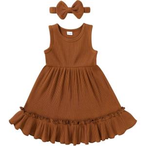 imageYOUNGER TREE Toddler Girl Summer Sundress Sleeveless Casual Dress Ruffle Hem Cotton Solid Outfits with BowknotBrown