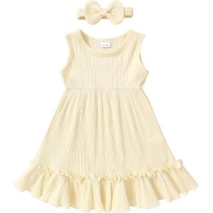 imageYOUNGER TREE Toddler Girl Summer Sundress Sleeveless Casual Dress Ruffle Hem Cotton Solid Outfits with BowknotCream