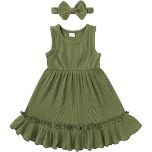 imageYOUNGER TREE Toddler Girl Summer Sundress Sleeveless Casual Dress Ruffle Hem Cotton Solid Outfits with BowknotDeep Green