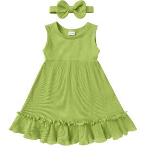imageYOUNGER TREE Toddler Girl Summer Sundress Sleeveless Casual Dress Ruffle Hem Cotton Solid Outfits with BowknotGrass Green