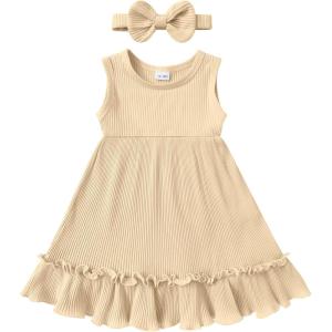 imageYOUNGER TREE Toddler Girl Summer Sundress Sleeveless Casual Dress Ruffle Hem Cotton Solid Outfits with BowknotKhaki