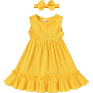 imageYOUNGER TREE Toddler Girl Summer Sundress Sleeveless Casual Dress Ruffle Hem Cotton Solid Outfits with BowknotLemon Yellow