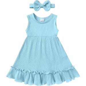 imageYOUNGER TREE Toddler Girl Summer Sundress Sleeveless Casual Dress Ruffle Hem Cotton Solid Outfits with BowknotLight Blue