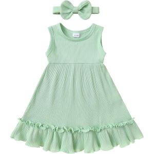imageYOUNGER TREE Toddler Girl Summer Sundress Sleeveless Casual Dress Ruffle Hem Cotton Solid Outfits with BowknotLight Green