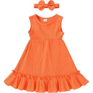imageYOUNGER TREE Toddler Girl Summer Sundress Sleeveless Casual Dress Ruffle Hem Cotton Solid Outfits with BowknotOrange