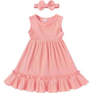 imageYOUNGER TREE Toddler Girl Summer Sundress Sleeveless Casual Dress Ruffle Hem Cotton Solid Outfits with BowknotPink